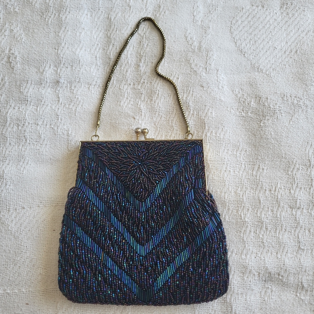 Elegant Blue Beaded Mini Evening Bag